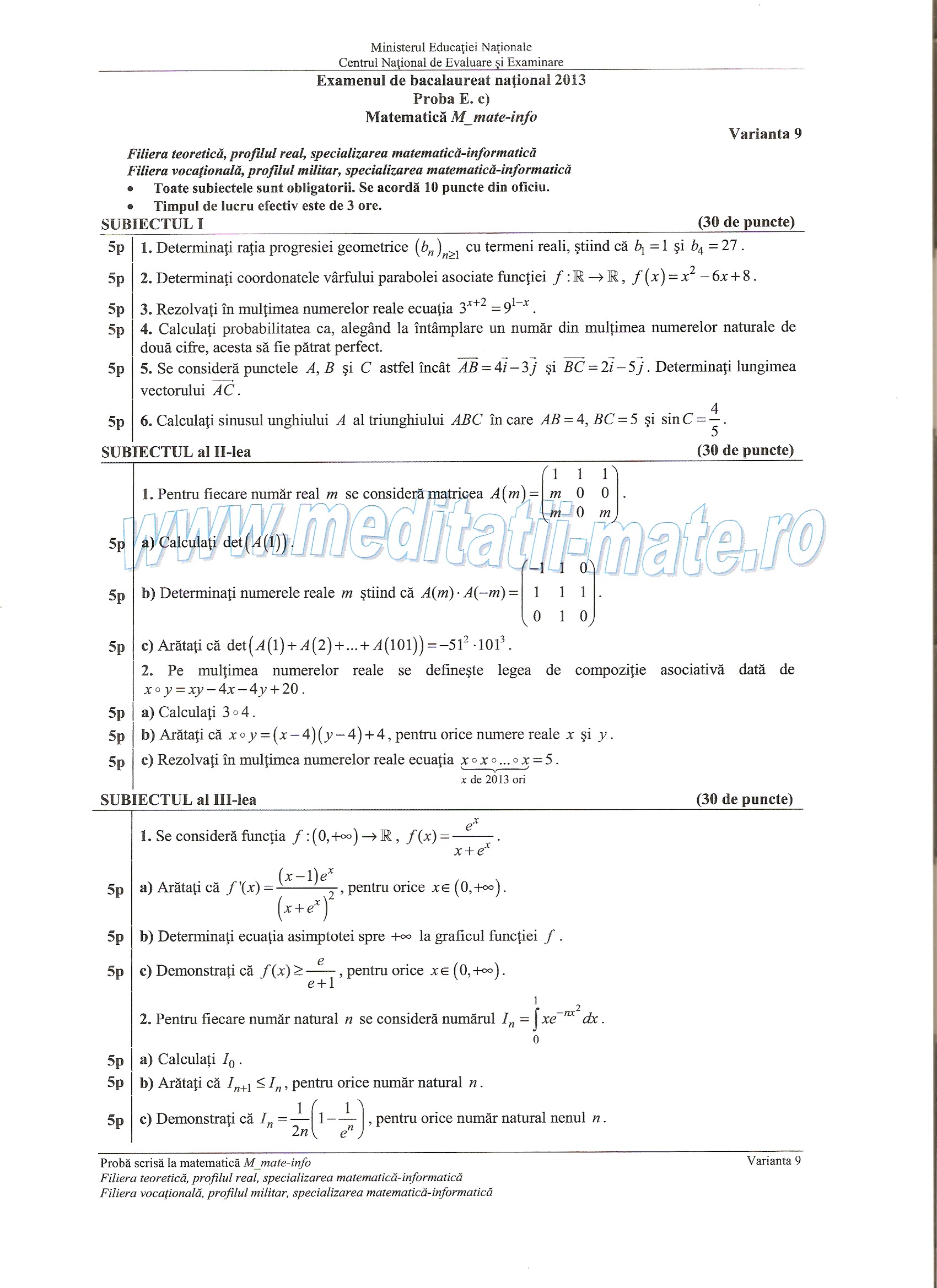 Subiect de Matematica pentru examenul de bacalaureat, profil M1, Varianta 9