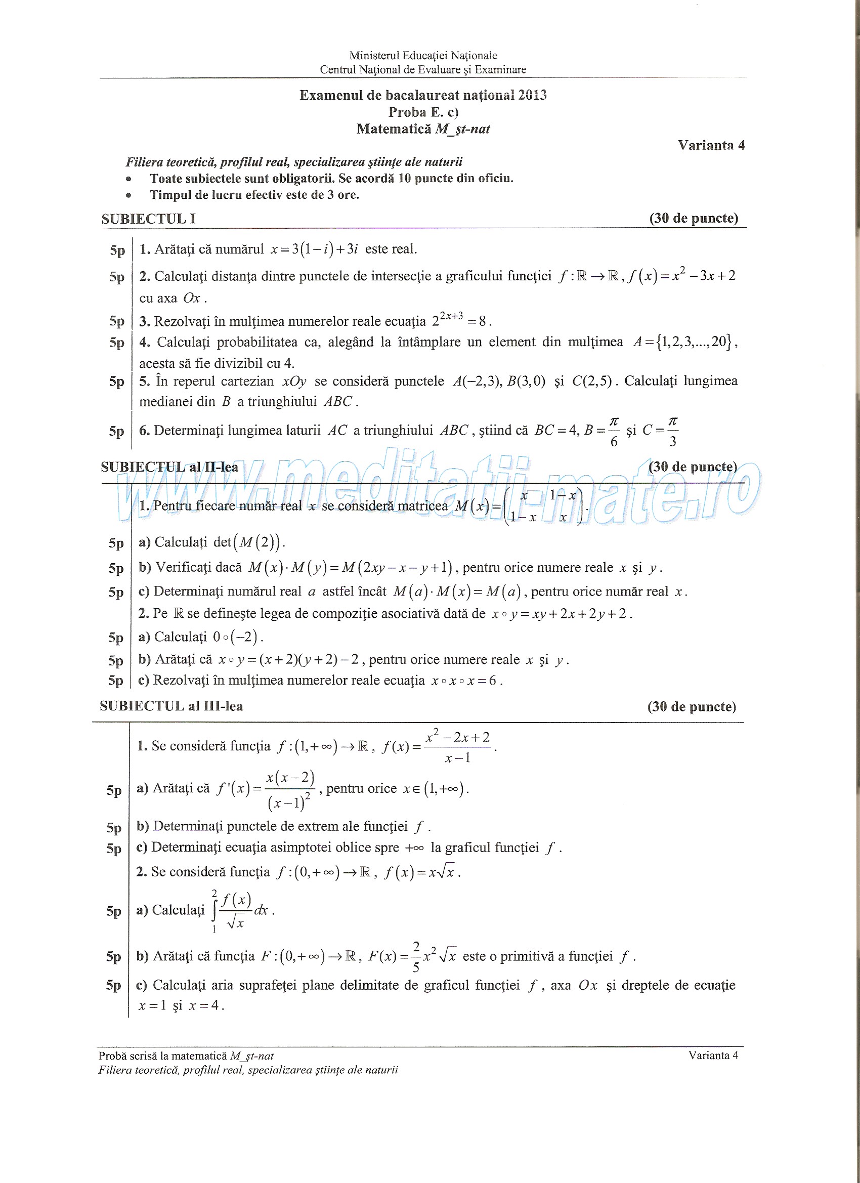 Subiect de Matematica pentru examenul de bacalaureat, profil M, Varianta 4
